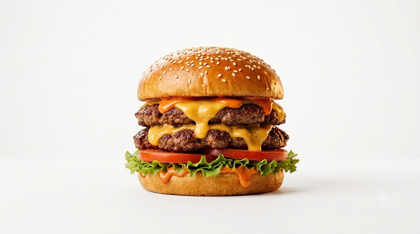 Burg Bites double cheeseburger stacked high with melted cheese, tomato and lettuce