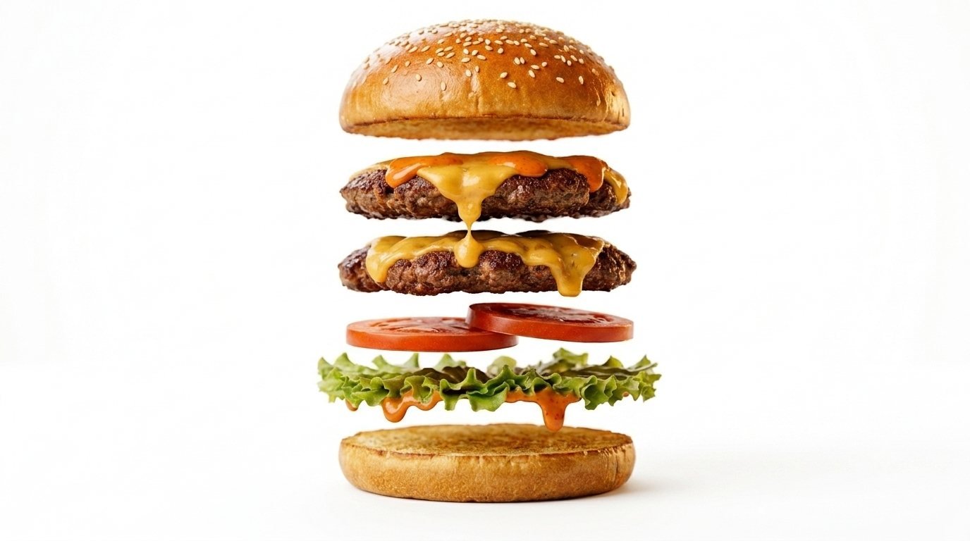 Deconstructed double cheeseburger showing beef patties, melted cheddar, lettuce, tomato and toasted bun